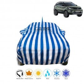 Tata Nexon (Low End) White Blue Stripes Car Cover