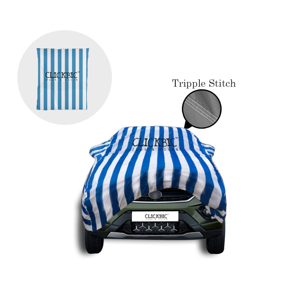 Tata Nexon (Low End) White Blue Stripes Car Cover